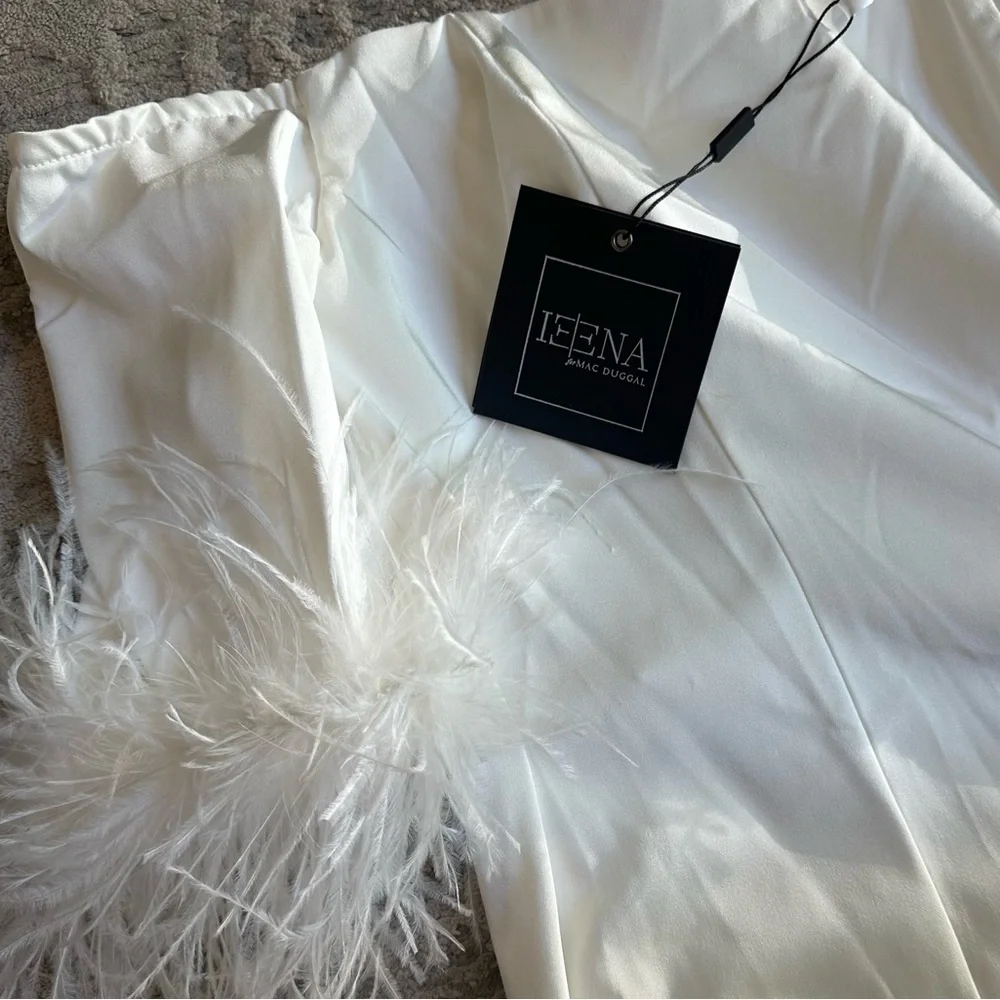 leena Mac Duggal Off Shoulder Feather Trim Column Gown 8 White 11441 Bridal‎